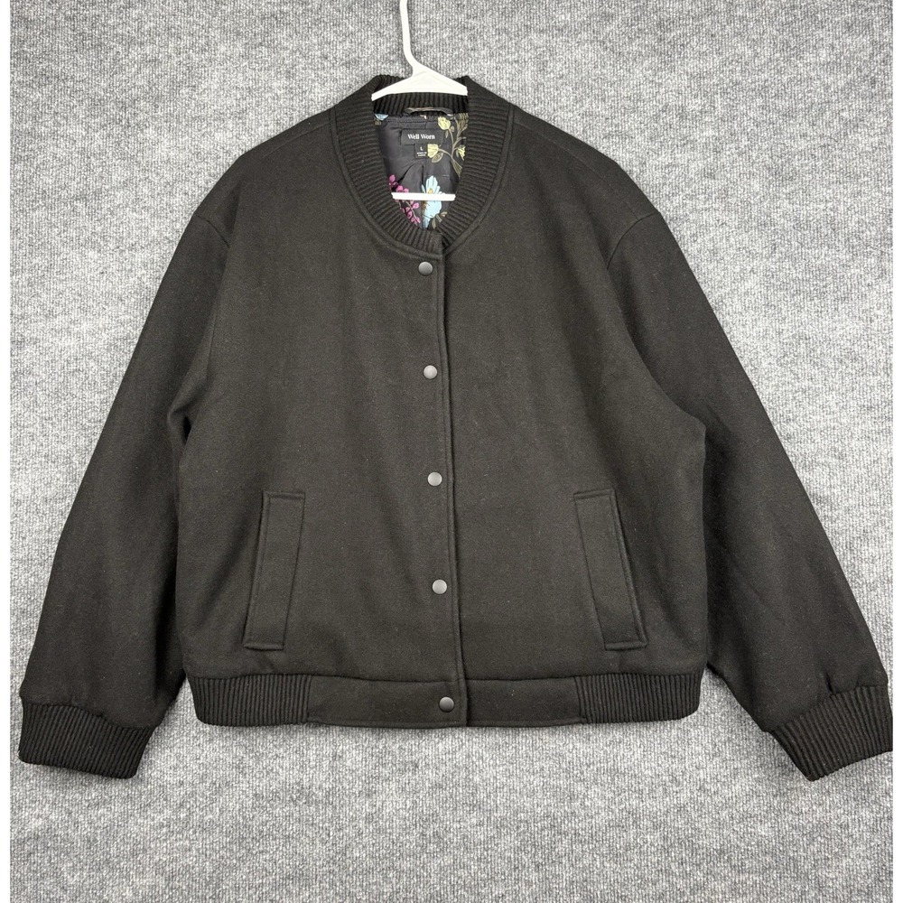Well Worn Women's Long Sleeve Mid Length Bomber Jacket Size Large Black